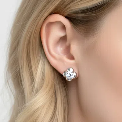 Fashnzfab White Gold Dipped Floral Cz Halo Stud Earrings In Silver