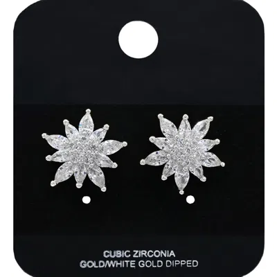 Fashnzfab White Gold Dipped Floral Cz Stone Stud Earrings - Rhodium In Multi