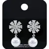 Fashnzfab White Gold Dipped Flower Cz Stone Accent Pearl Dangle Earrings - Rhodium In Metallic