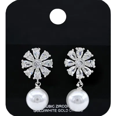 Fashnzfab White Gold Dipped Flower Cz Stone Accent Pearl Dangle Earrings - Rhodium In Metallic