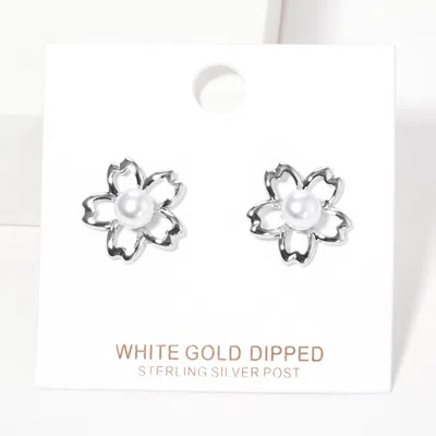 Fashnzfab White Gold Dipped Flower Pearl Stud Earrings