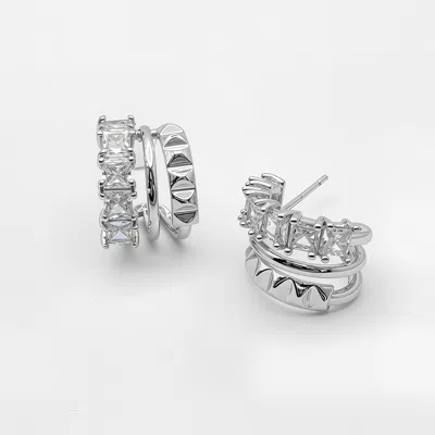 Fashnzfab White Gold Dipped Geometric Clam Cz Hoop Earrings In Silver