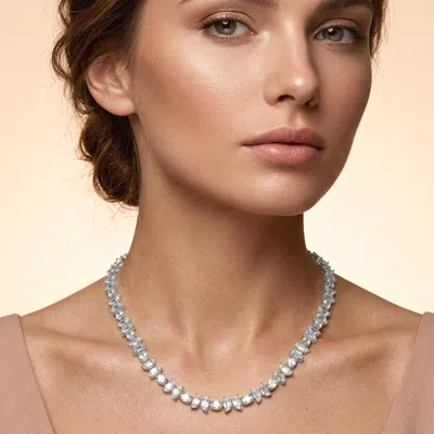 Fashnzfab White Gold Dipped Half Moon Round Stone Cluster Link Tennis Chain Necklace In Silver