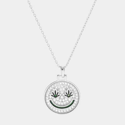 Fashnzfab White Gold Dipped Hemp Leaf Pointed Cz Smile Pendant Necklace In Multi