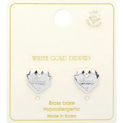 Fashnzfab White Gold Dipped Love Message Cz Stone Paved Stud Earrings - Silver In Metallic