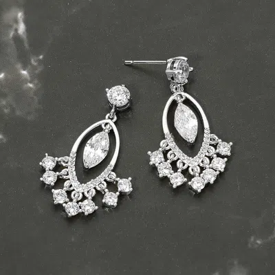 Fashnzfab White Gold Dipped Marquise Cz Accent Drop Earrings Rhodium In Silver