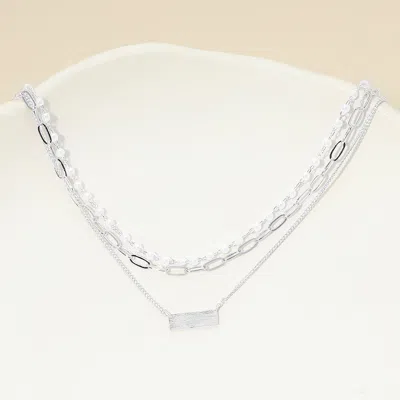 Fashnzfab White Gold Dipped Metal Bar Pendant Accent Pearl Paperclip Chain Layered Necklace In Multi
