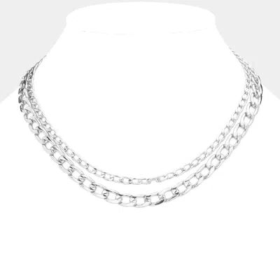 Fashnzfab White Gold Dipped Metal Chain Double Layered Necklace In Metallic