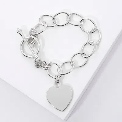 Fashnzfab White Gold Dipped Metal Heart Lock Charm Toggle Bracelet Rhodium In Silver