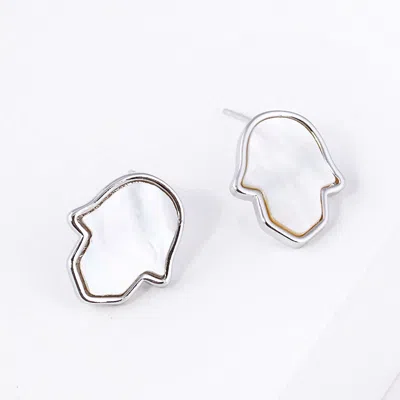Fashnzfab White Gold Dipped Metal Trim Mother Of Pearl Hamsa Hand Stud Earrings In Metallic