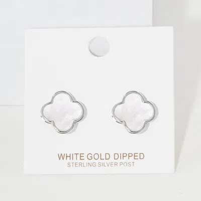 Fashnzfab White Gold Dipped Metal Trim Mother Of Pearl Quatrefoil Stud Earrings