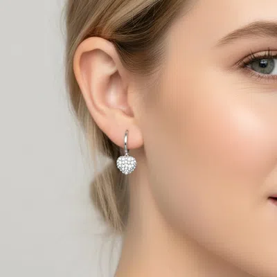 Fashnzfab White Gold Dipped Mini Cz Pearl Pave Heart Charm Drop Huggie Hoop Earrings In Multi