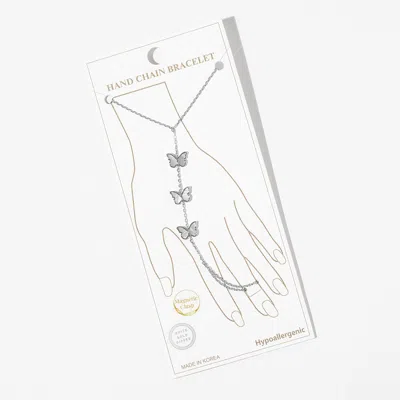Fashnzfab White Gold Dipped Mother Of Pearl Butterfly Charm Link Hand Chain Magnetic Bracelet In Metallic