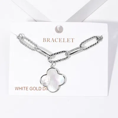 Fashnzfab White Gold Dipped Mother Of Pearl Quatrefoil Charm Bracelet Rhodium In Multi
