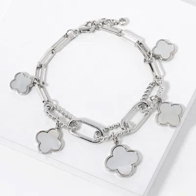 Fashnzfab White Gold Dipped Mother Of Pearl Quatrefoil Charm Station Chain Bracelet In Metallic