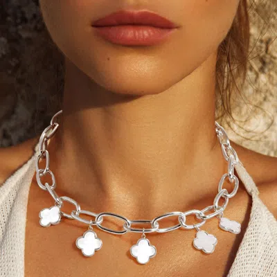 Fashnzfab White Gold Dipped Mother Of Pearl Quatrefoil Charm Station Chunky Chain Necklace In Multi