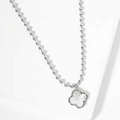 Fashnzfab White Gold Dipped Mother Of Pearl Quatrefoil Pendant Bubble Chain Necklace In Silver