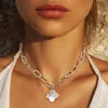 Fashnzfab White Gold Dipped Mother Of Pearl Quatrefoil Pendant Necklace - Rhodium In Gold