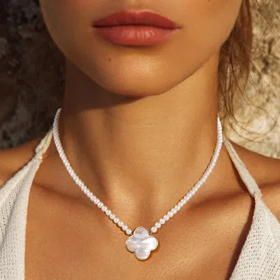 Fashnzfab White Gold Dipped Mother Of Pearl Quatrefoil Pendant Necklace - White