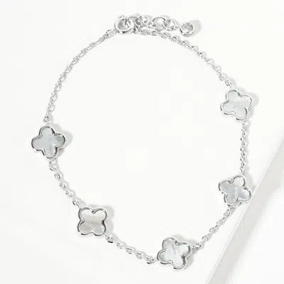 Fashnzfab White Gold Dipped Mother Of Pearl Quatrefoil Station Bracelet In Metallic