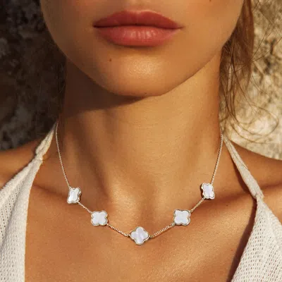 Fashnzfab White Gold Dipped Mother Of Pearl Quatrefoil Station Necklace - Mother Of Pearl, Rhodium In Metallic