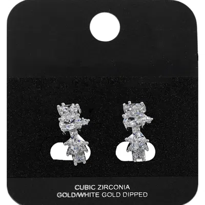Fashnzfab White Gold Dipped Multi Shape Cz Cluster Around Mini Open Hoop Earrings Rhodium In Silver