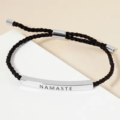Fashnzfab White Gold Dipped Namaste Message Bar Pointed Rope Adjustable Bracelet Rhodium In Black