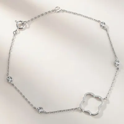 Fashnzfab White Gold Dipped Open Quatrefoil Charm Accent Cz Bezel Link Chain Bracelet In Multi
