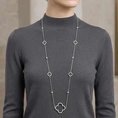 Fashnzfab White Gold Dipped Open Quatrefoil Charm Accent Cz Bezel Link Chain Long Necklace In Multi