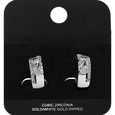 Fashnzfab White Gold Dipped Oval Cz Accent Mini Open Hoop Earrings Rhodium In Black