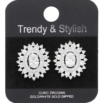 Fashnzfab White Gold Dipped Oval Cz Stone Pointed Stud Earrings In Multi