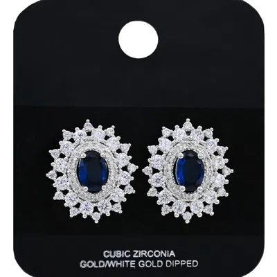 Fashnzfab White Gold Dipped Oval Halo Cz Stone Stud Earrings - Royal Blue, Silver In Metallic