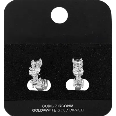 Fashnzfab White Gold Dipped Oval Round Cz Cluster Around Mini Open Hoop Earrings Rhodium In Black