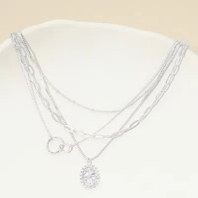 Fashnzfab White Gold Dipped Oval Sunburst Charm Accent Mixed Chain Layered Necklace In Multi