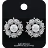 Fashnzfab White Gold Dipped Pearl Accent Cz Stone Cluster Embellished Stud Earrings In Metallic
