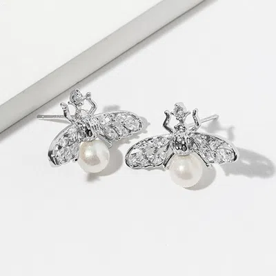 Fashnzfab White Gold Dipped Pearl Accent Cz Stone Paved Bee Stud Earrings In Multi