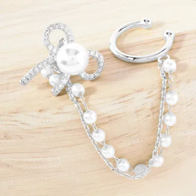 Fashnzfab White Gold Dipped Pearl Accent Cz Stone Paved Bow Chain Ear Cuff Earrings - Rhodium, White In Multi
