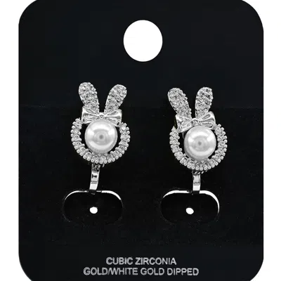 Fashnzfab White Gold Dipped Pearl Accent Cz Stone Paved Bunny Clip On Earrings In Multi