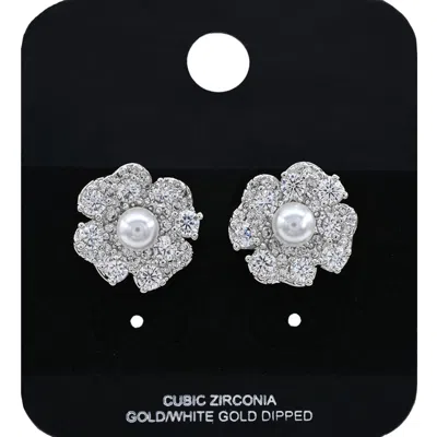 Fashnzfab White Gold Dipped Pearl Accent Cz Stone Paved Petal Flower Stud Earrings