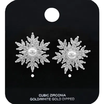 Fashnzfab White Gold Dipped Pearl Accent Cz Stone Snowflake Stud Earrings In Multi