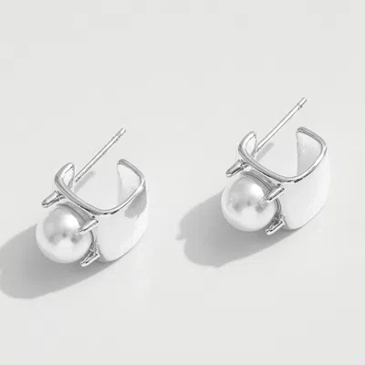 Fashnzfab White Gold Dipped Pearl Accent Geometric Earrings - Silver In Metallic
