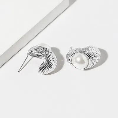 Fashnzfab White Gold Dipped Pearl Accent Textured Crescent Hoop Earrings In Silver