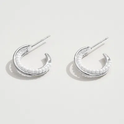 Fashnzfab White Gold Dipped Pearl Beads Small Hoop Earrings - Silver