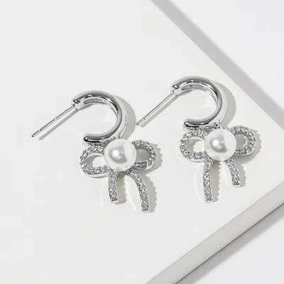 Fashnzfab White Gold Dipped Pearl Center Cz Paved Bow Drop Mini Hoop Earrings In Multi