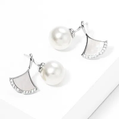 Fashnzfab White Gold Dipped Pearl Mother Of Pearl Ginkgo Earrings In Multi