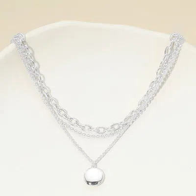Fashnzfab White Gold Dipped Polished Round Pendant Accent Mixed Chain Layered Necklace In Multi