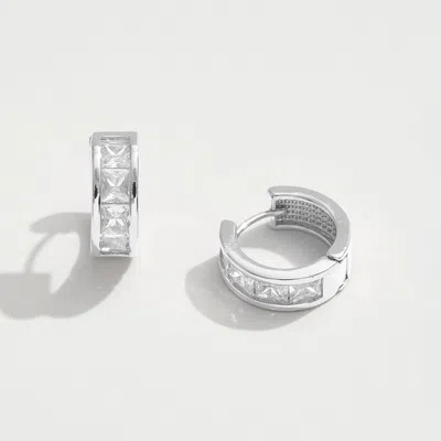Fashnzfab White Gold Dipped Princess Cut Cz Stone Channel Mini Huggie Hoop Earrings - Silver