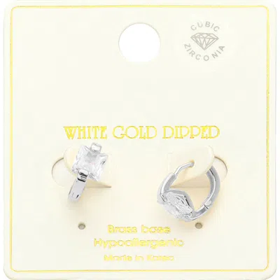Fashnzfab White Gold Dipped Princess Cut Cz Stone Huggie Earrings - Silver In Metallic