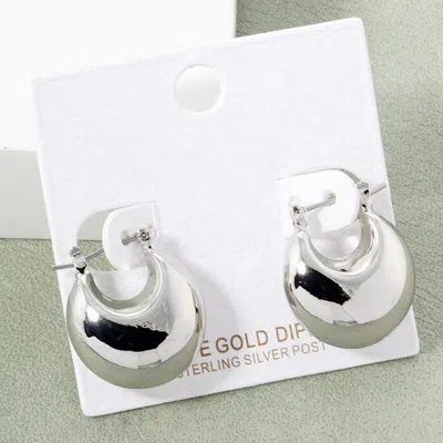 Fashnzfab White Gold Dipped Puff Done Hoop Pin Catch Earrings In Metallic