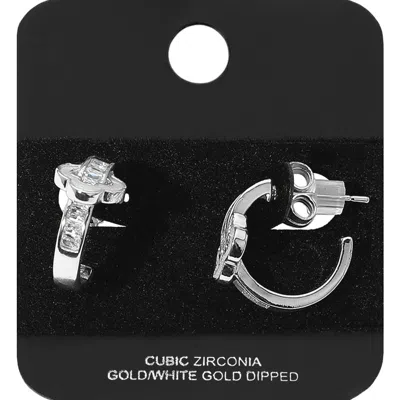 Fashnzfab White Gold Dipped Quatrefoil Accent Cz Hoop Earrings In Metallic
